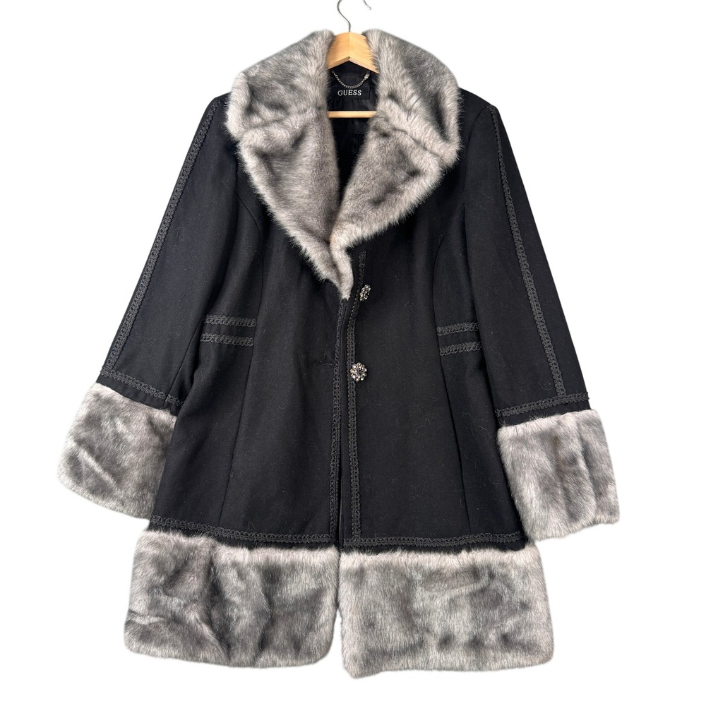 GUESS Y2K Vtg Faux Fur Trim Wool Blend Coat Jacket Black Grey Jeweled Button XL